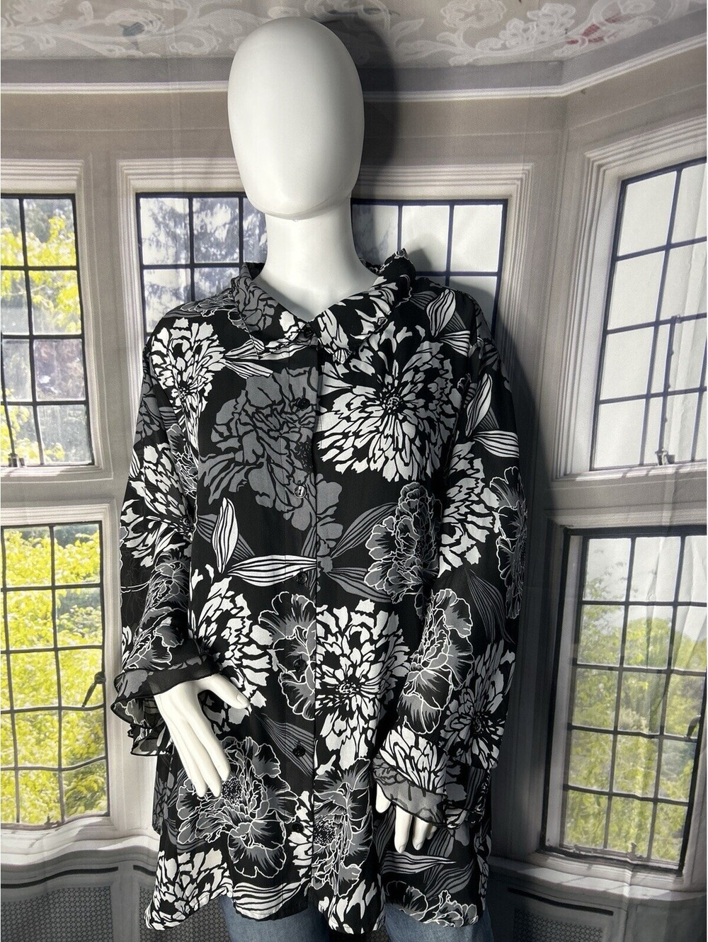 White Stag Plus Size 2X/3X Black & White Floral Blouse Sheer Layered